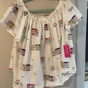 Colorful Off-Shoulder Top with Charleston rainbow row print 2X